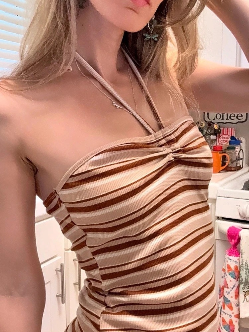 Striped Mini Dress in Brown & White Like New - Picture 4 of 8